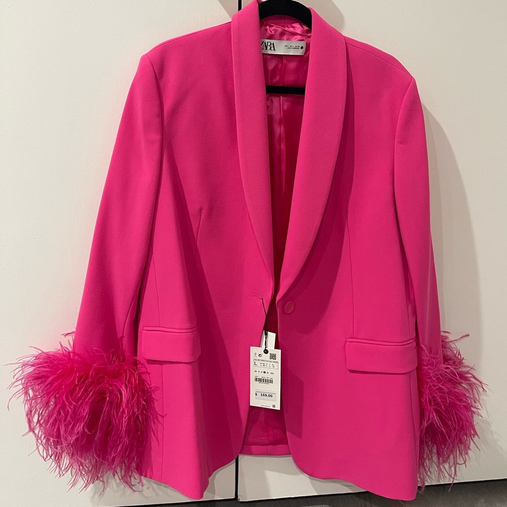 Zara Vibrant Pink Blazer with Feather Cuffs
